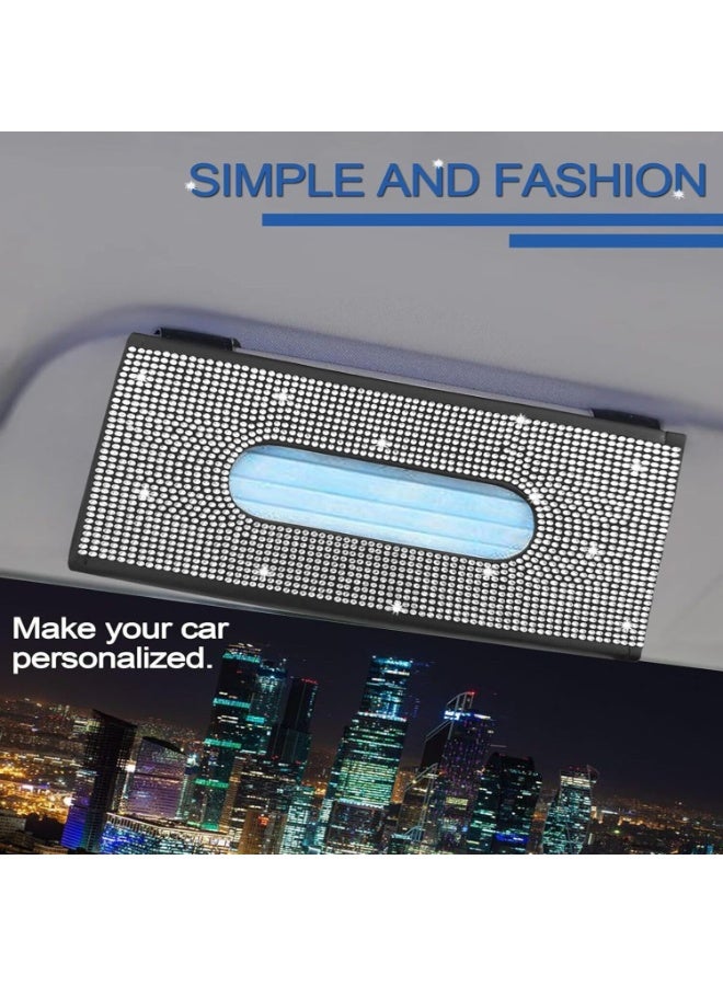 FAYET Bling Car Sun Visor Tissue Holder, PU Leather Rhinestone Crystal Tissue Box, Glitter Auto Napkin Case with Back Clips, Universal Car Accessories for Women - Image 2